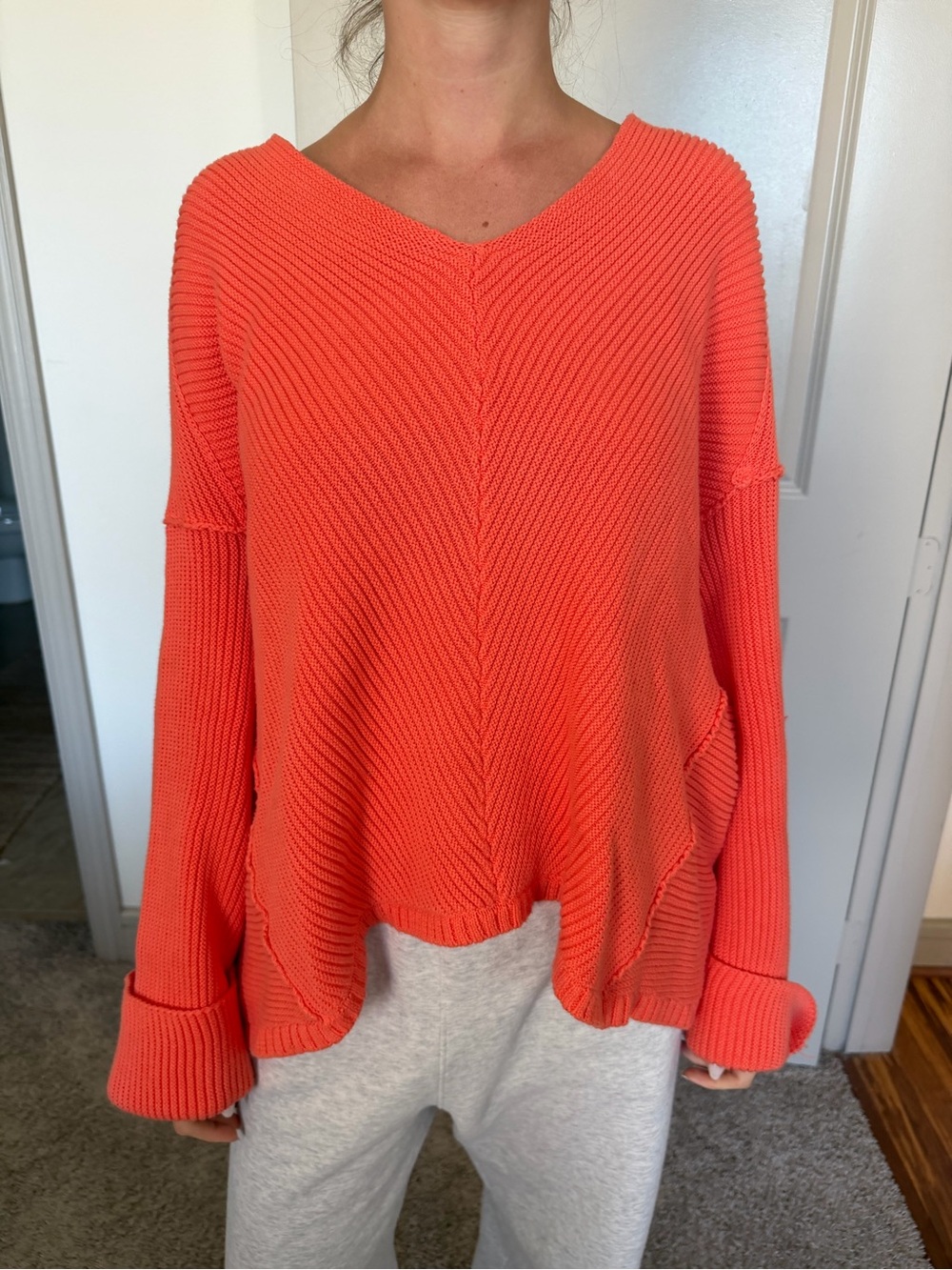 Free People Bright Coral V-Neck Ribbed Sweater